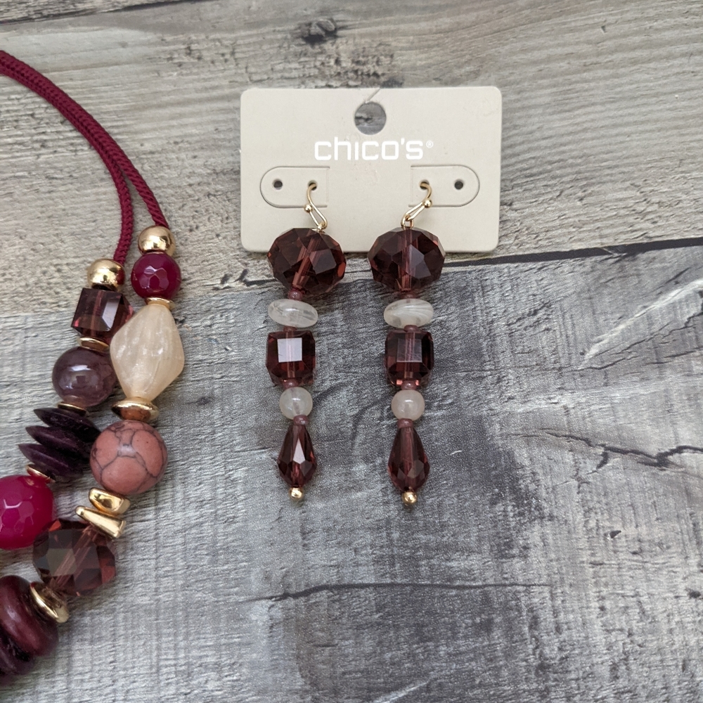 Chico's Burgandy Multi-layer Beaded Necklace and Earring Set - Picture 3 of 4